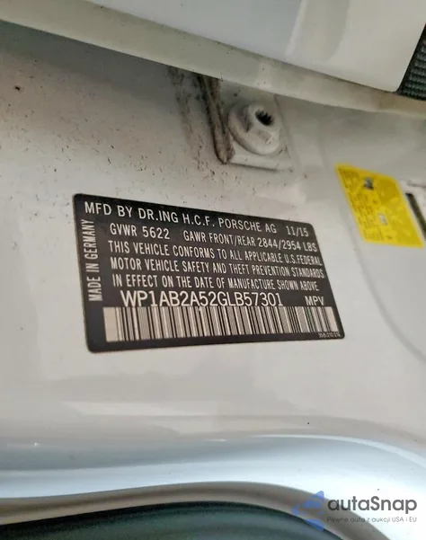 2016 Porsche Macan S z USA, uszkodzony, nr VIN WP1AB2A52GLB57301